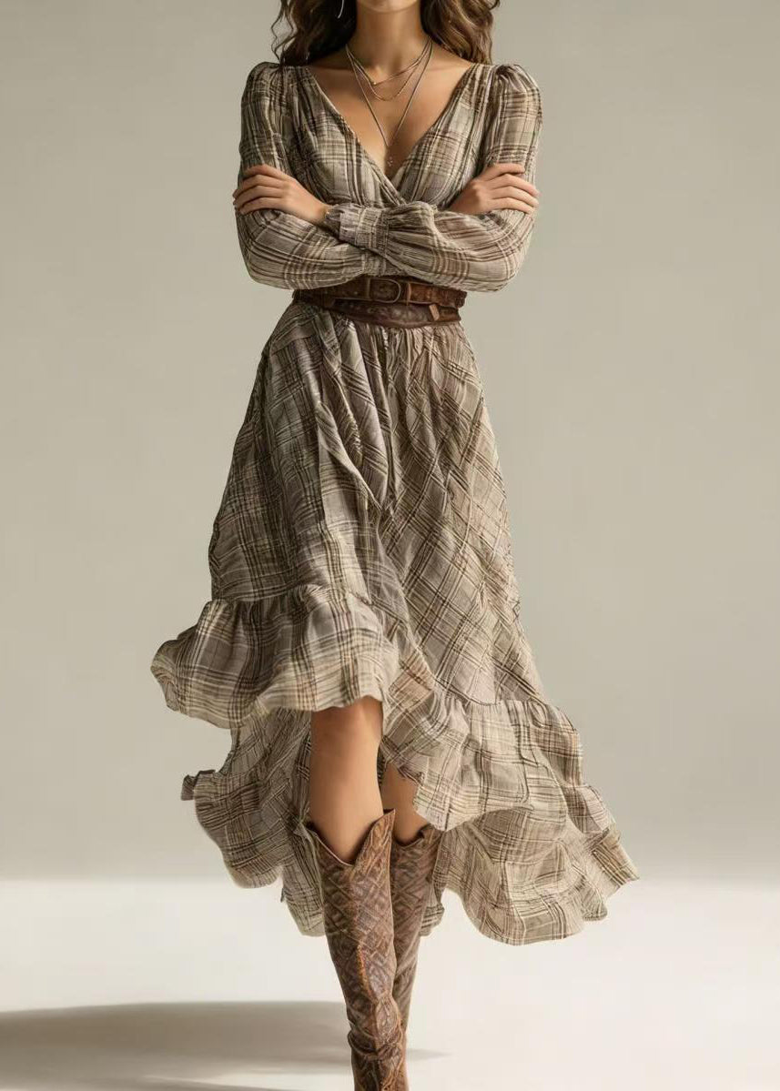 Stylish Khaki Plaid V Neck Asymmetrical Dresses Long Sleeve
