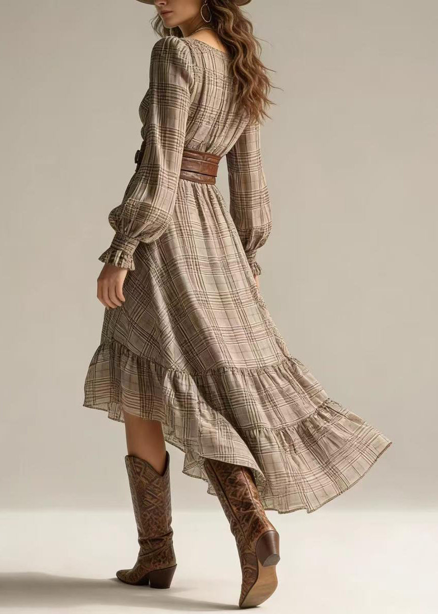 Stylish Khaki Plaid V Neck Asymmetrical Dresses Long Sleeve