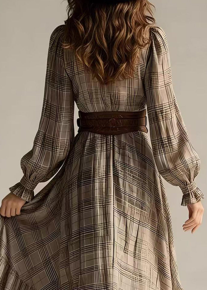 Stylish Khaki Plaid V Neck Asymmetrical Dresses Long Sleeve