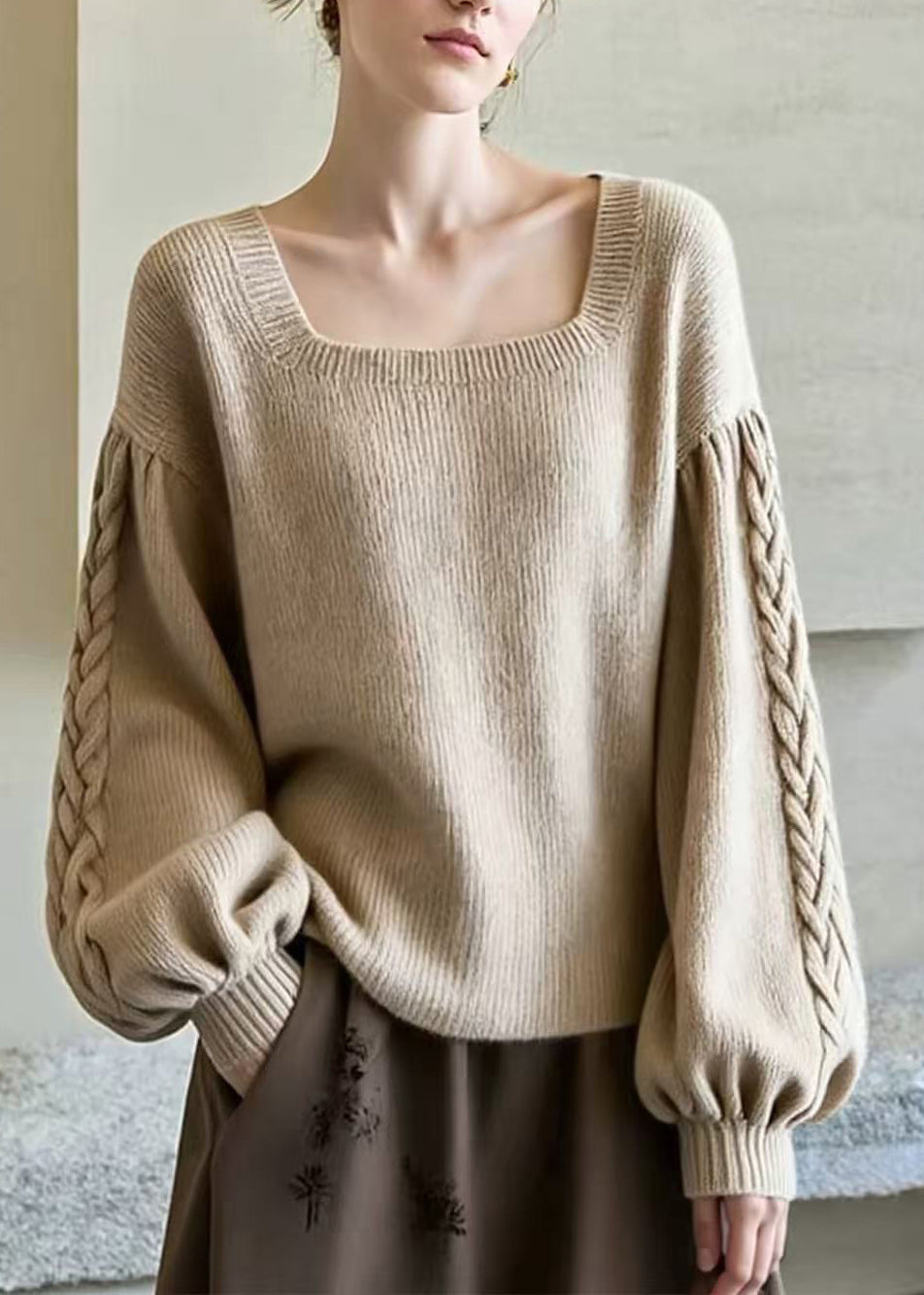 Stylish Khaki Square Collar Patchwork Knit Sweaters Lantern Sleeve