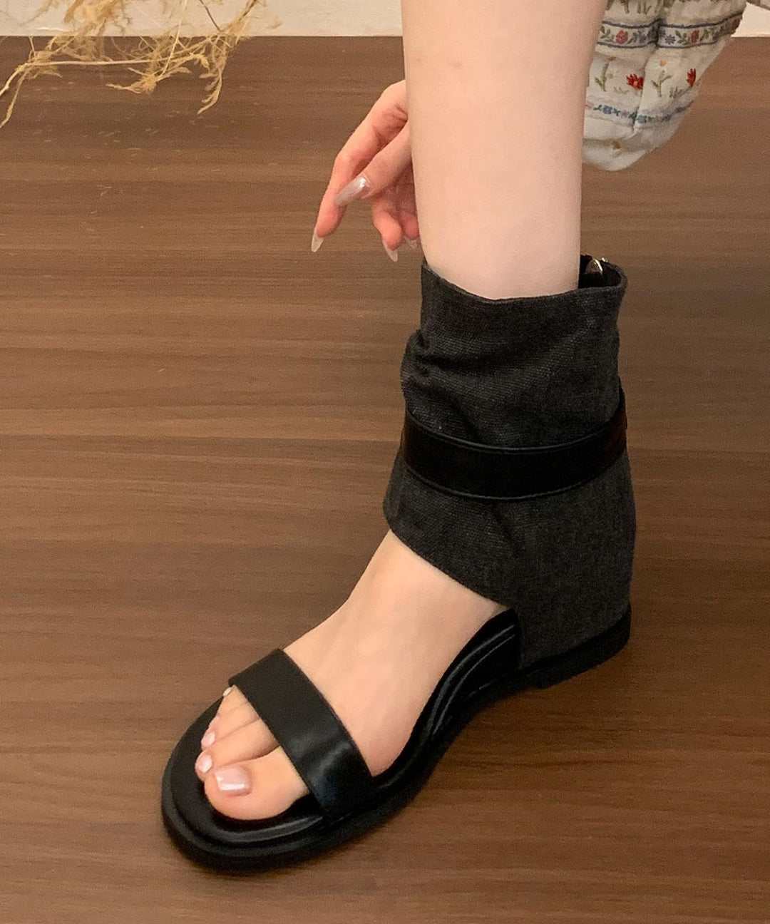 Stylish Khaki Suede Splicing Wedge Sandals Boots Peep Toe