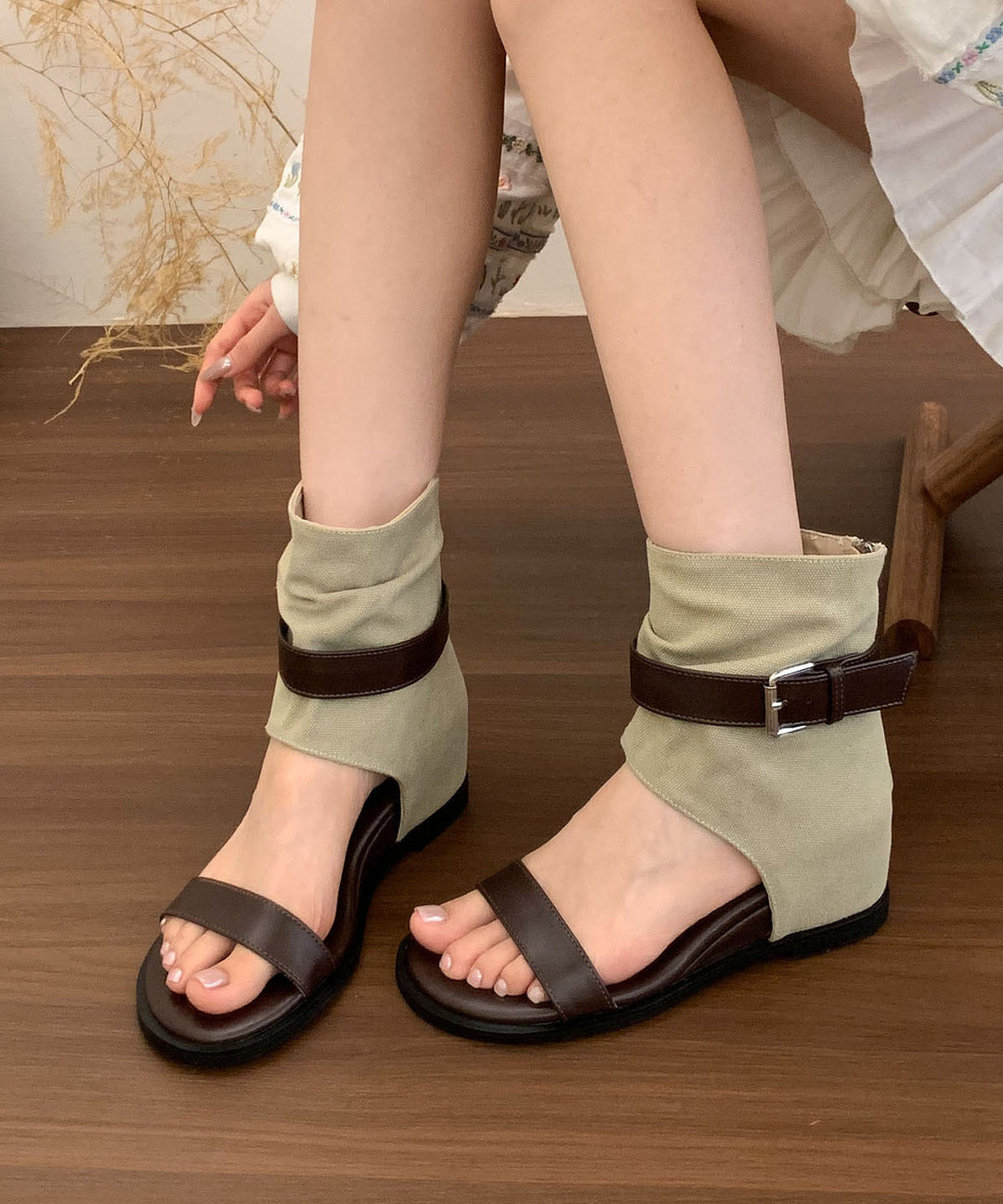 Stylish Khaki Suede Splicing Wedge Sandals Boots Peep Toe