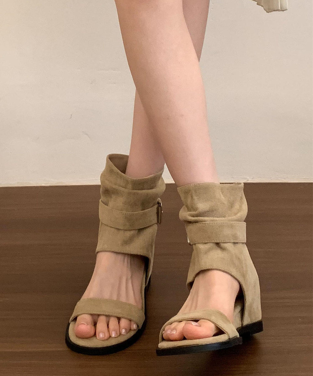 Stylish Khaki Suede Splicing Wedge Sandals Boots Peep Toe