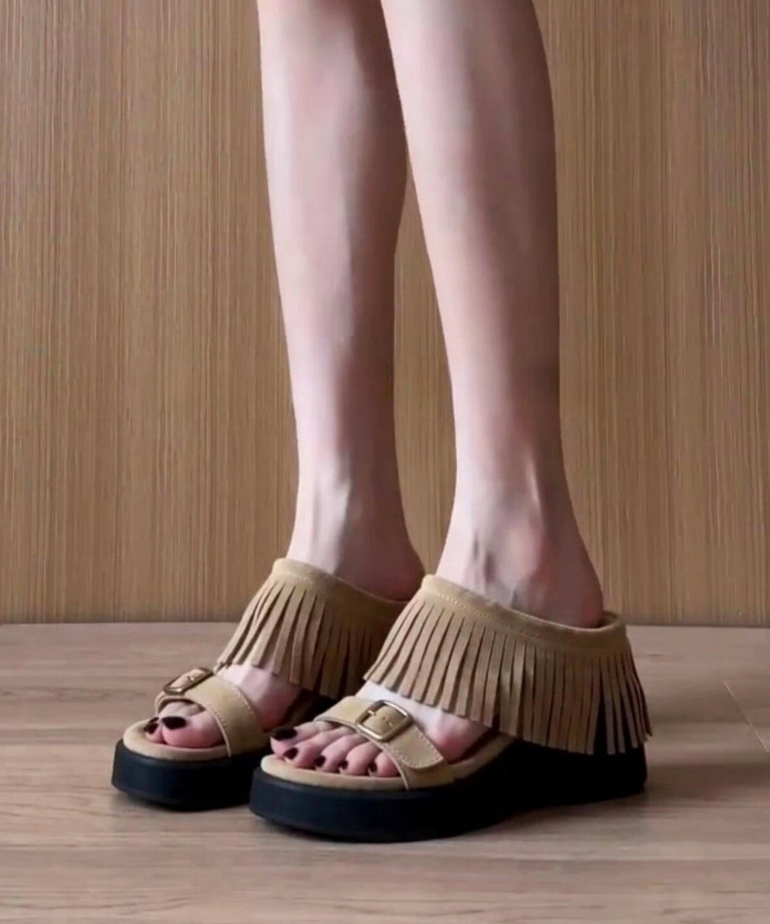 Stylish Khaki Tasseled Wedge Faux Leather Women Flip Flops