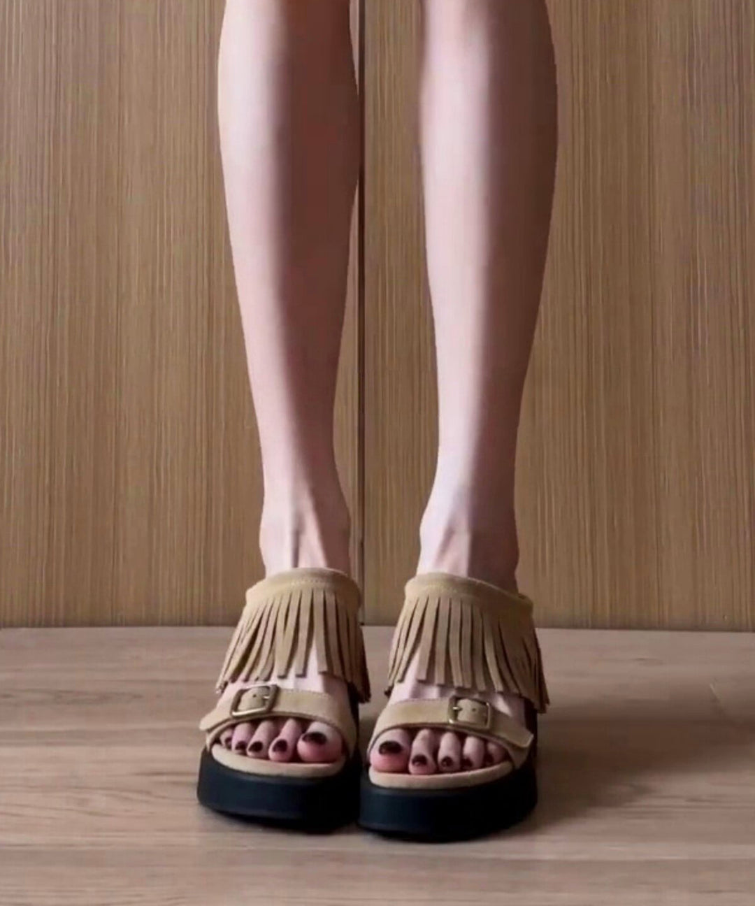 Stylish Khaki Tasseled Wedge Faux Leather Women Flip Flops