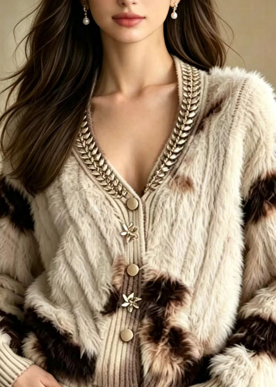Stylish Khaki V Neck Rhinestone Mink Hair Knitted Cardigan Fall