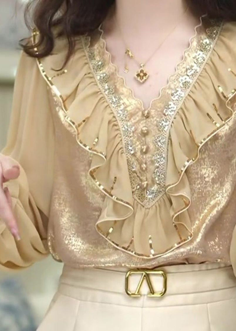 Stylish Khaki V Neck Ruffled Chiffon Shirt Fall
