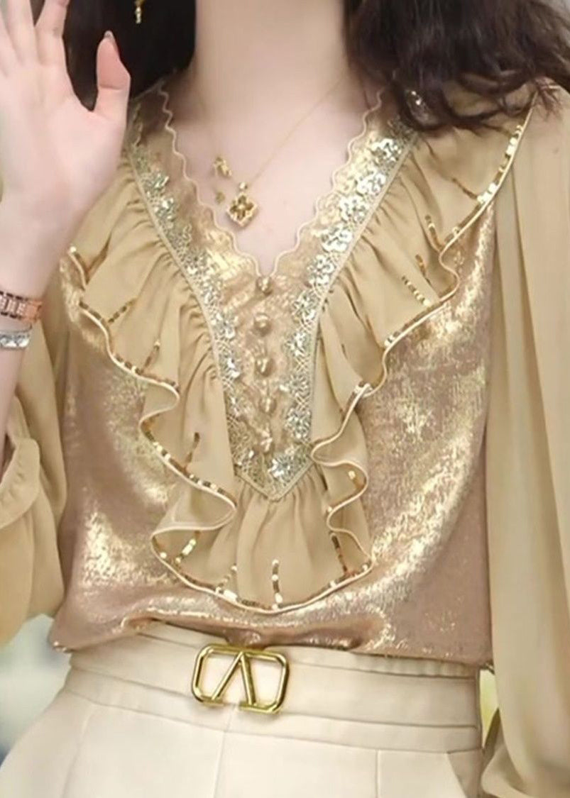 Stylish Khaki V Neck Ruffled Chiffon Shirt Fall