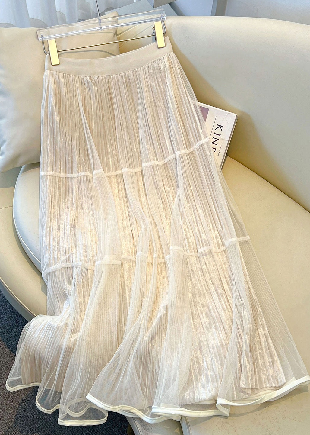 Stylish Khaki Wrinkled Tulle Patchwork Velvet Skirts Spring