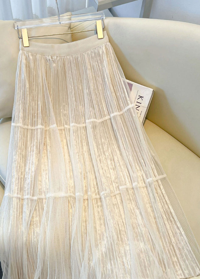 Stylish Khaki Wrinkled Tulle Patchwork Velvet Skirts Spring