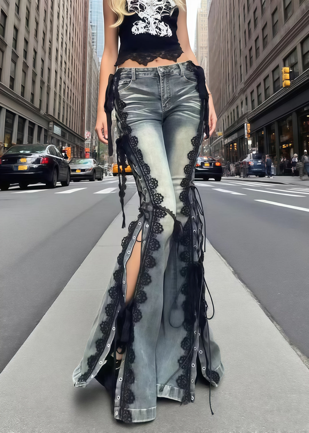 Stylish Lace Patchwork Side Open Denim Bell-bottom Trousers Summer