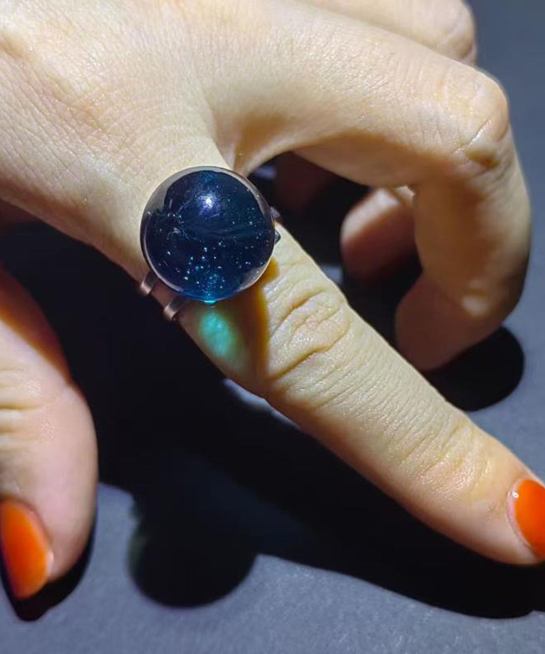 Stylish Lake Blue Alloy Bubble Glass Ball Adjustable Open Ring