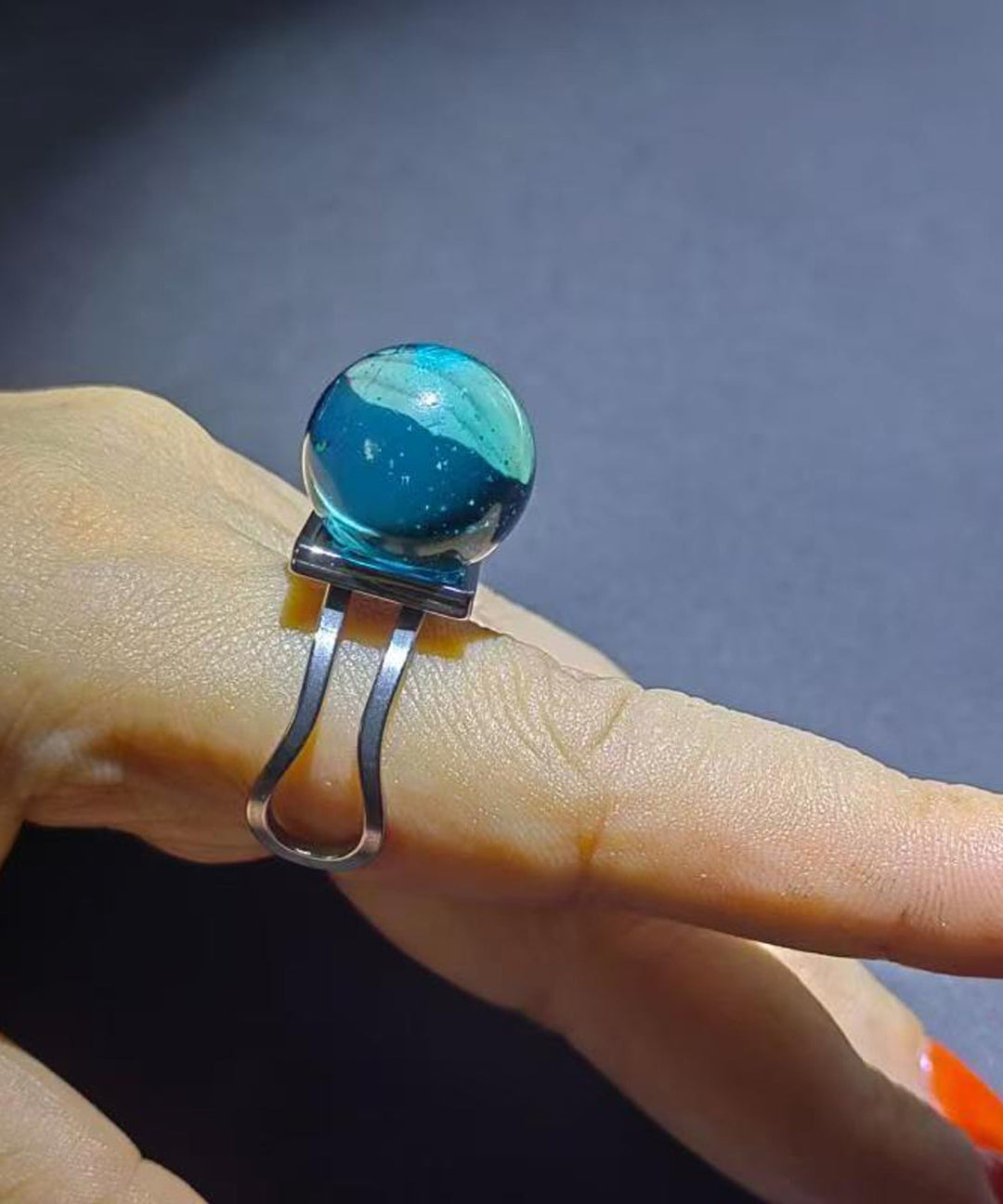 Stylish Lake Blue Alloy Bubble Glass Ball Adjustable Open Ring