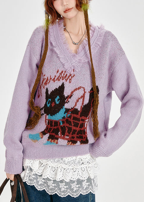 Stylish Lavender Tasseled Cat Jacquard Knit Sweaters Winter