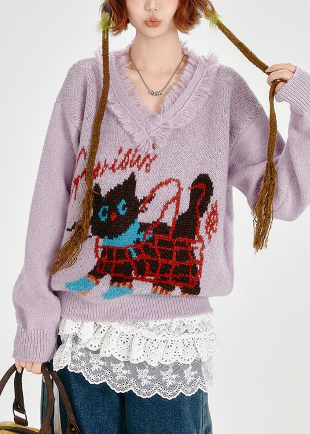 Stylish Lavender Tasseled Cat Jacquard Knit Sweaters Winter