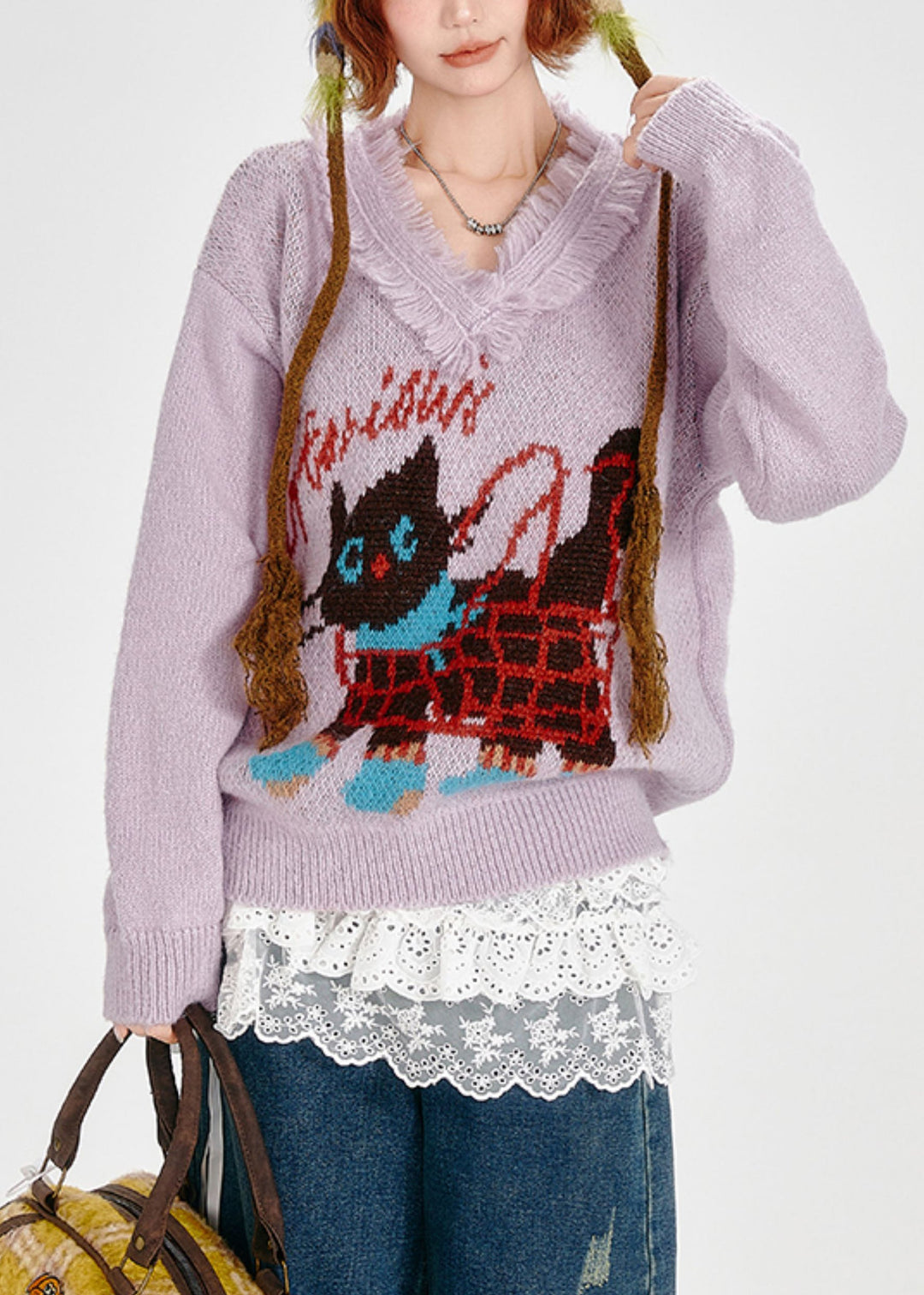 Stylish Lavender Tasseled Cat Jacquard Knit Sweaters Winter