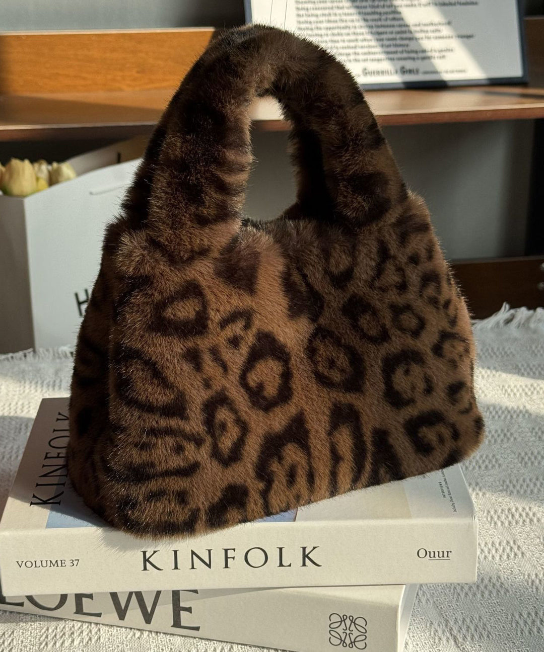 Stylish Leopard Fuzzy Fur Fluffy Large Capacity Tote Handbag