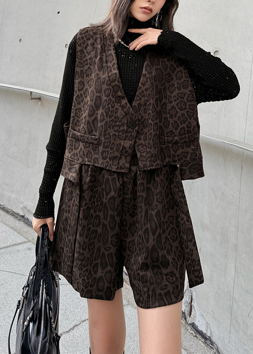 Stylish Leopard V Neck Vest And Shorts Two Pieces Set Summer