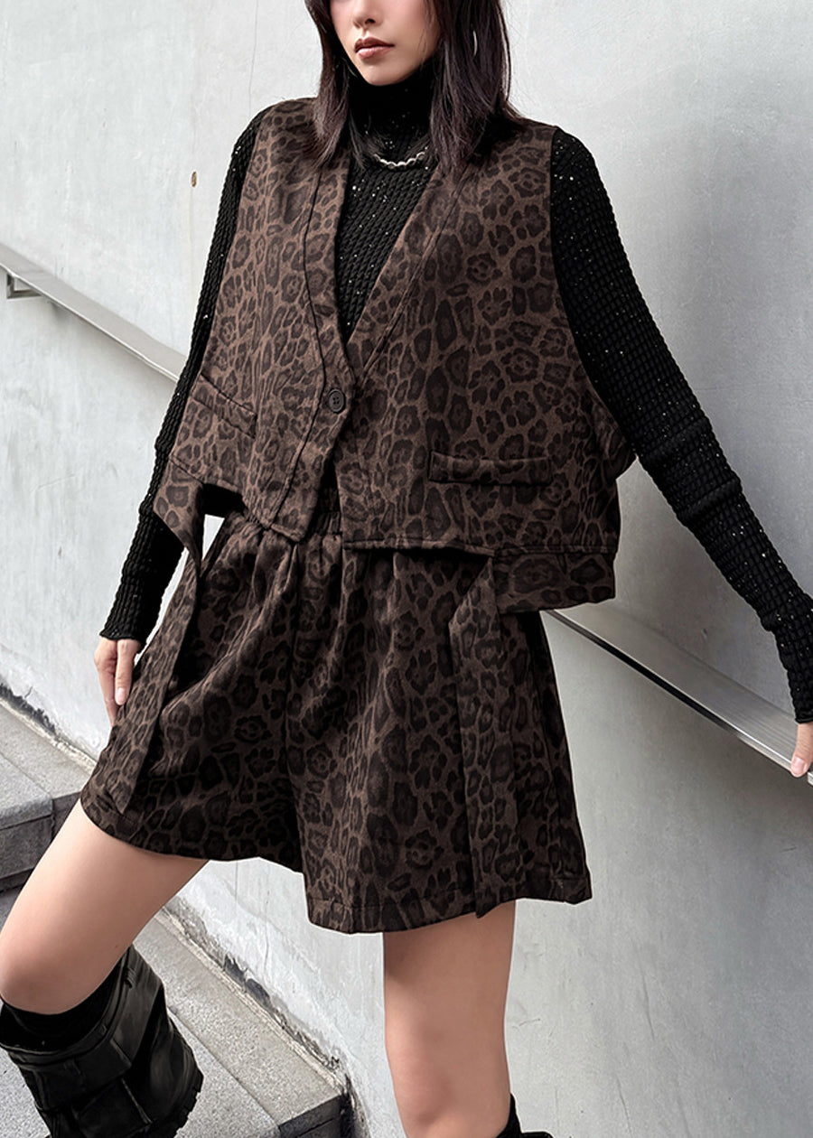 Stylish Leopard V Neck Vest And Shorts Two Pieces Set Summer
