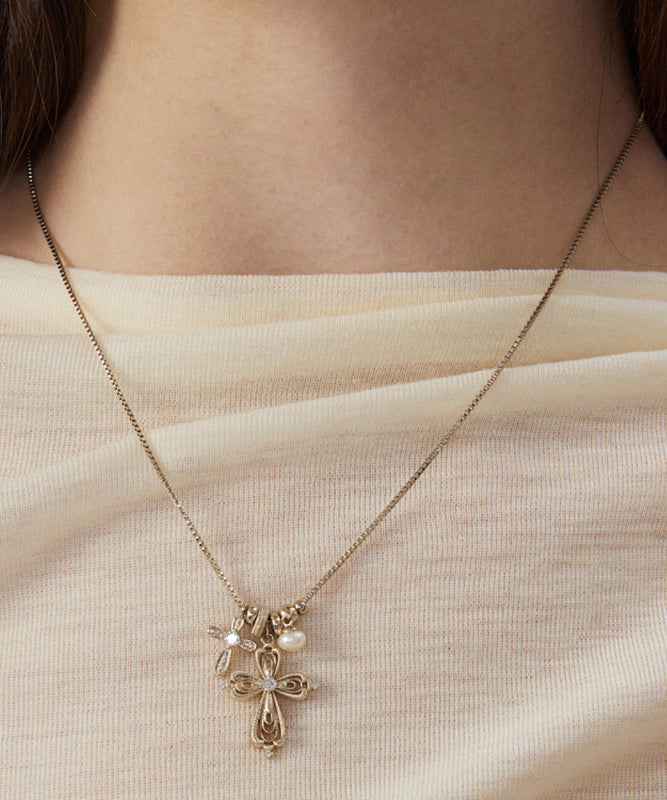 Stylish Lighg Gold Copper Overgild Pearl Zircon Cross Pendant Necklace