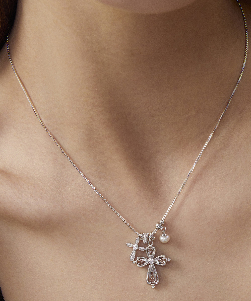 Stylish Lighg Gold Copper Overgild Pearl Zircon Cross Pendant Necklace