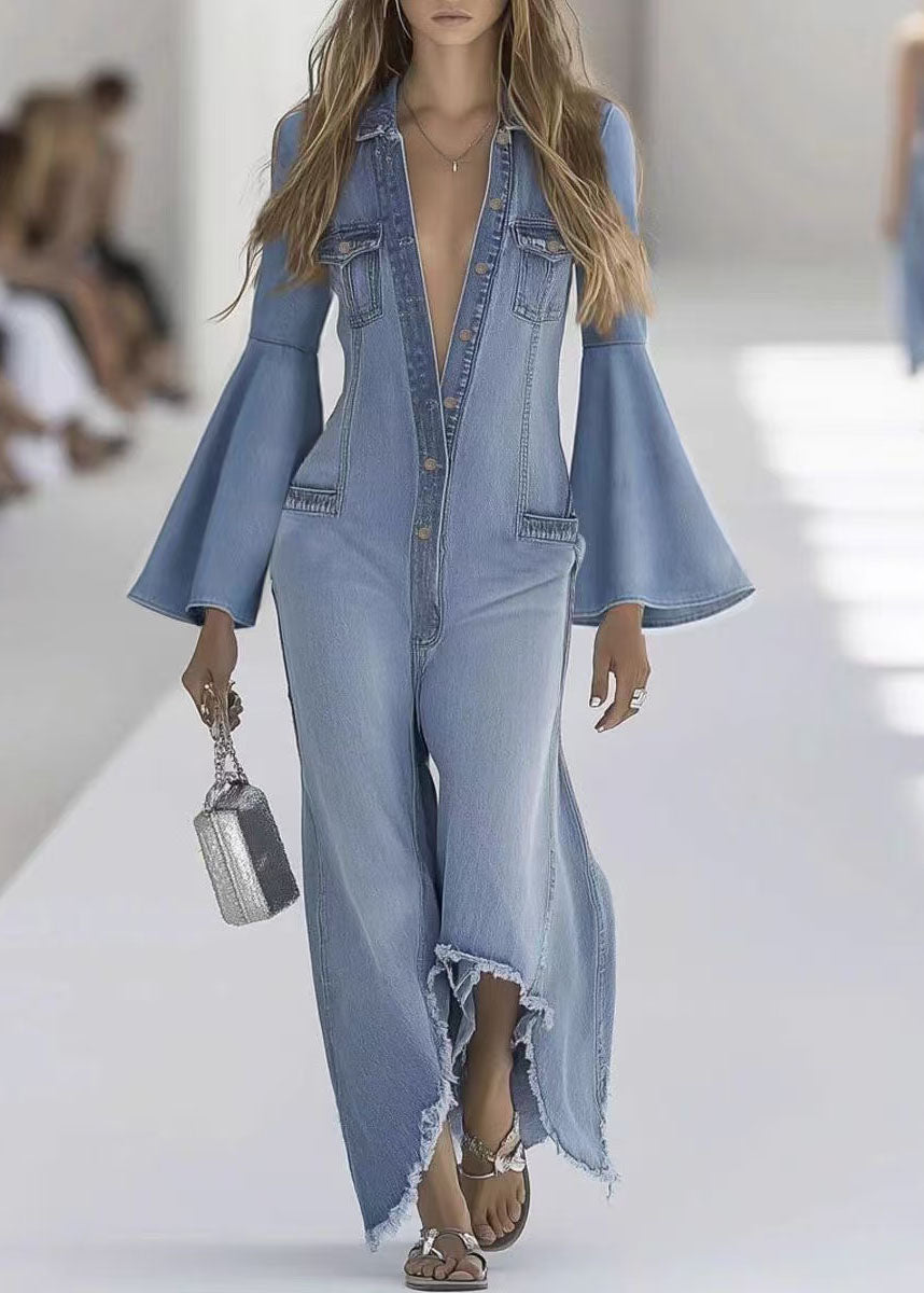 Stylish Light Blue Button Denim Jumpsuit Flare Sleeve