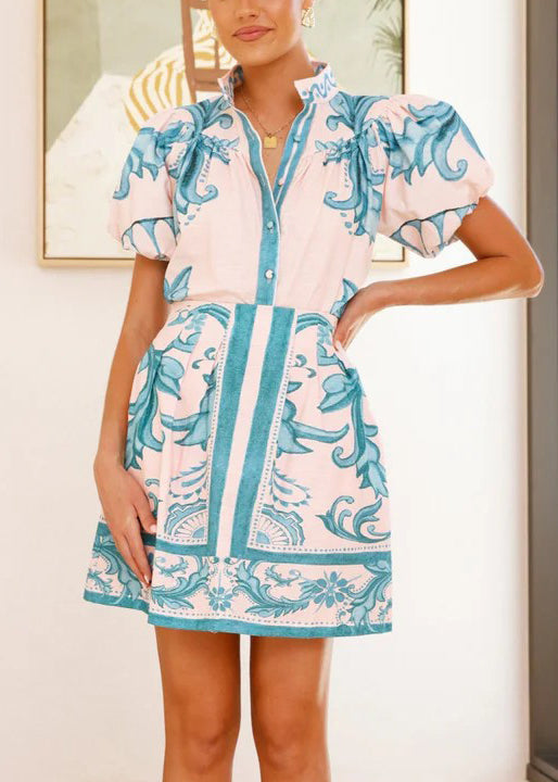 Stylish Light Blue Print Button Linen Two Pieces Set Summer