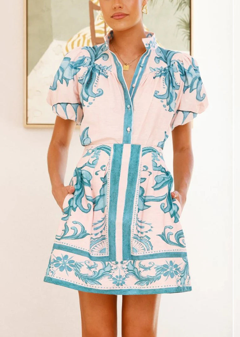 Stylish Light Blue Print Button Linen Two Pieces Set Summer