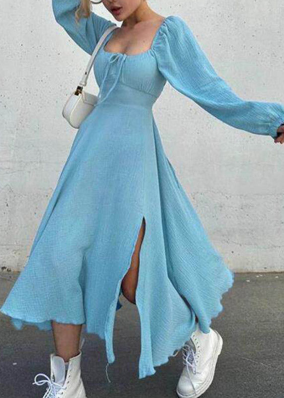 Stylish Light Blue Square Collar Side Open Solid Long Dress Fall