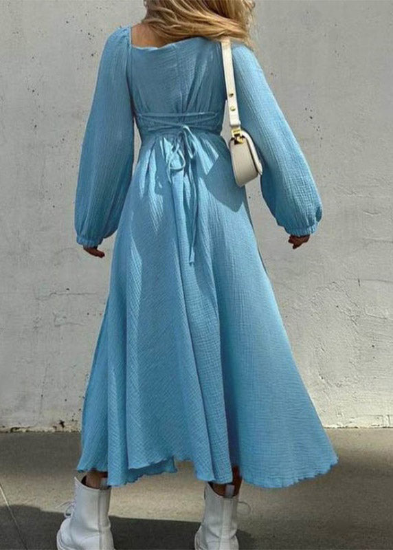 Stylish Light Blue Square Collar Side Open Solid Long Dress Fall