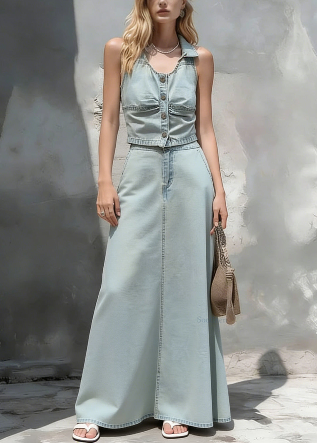 Stylish Light Blue Top And Skirts Denim Two Pieces Set Summer