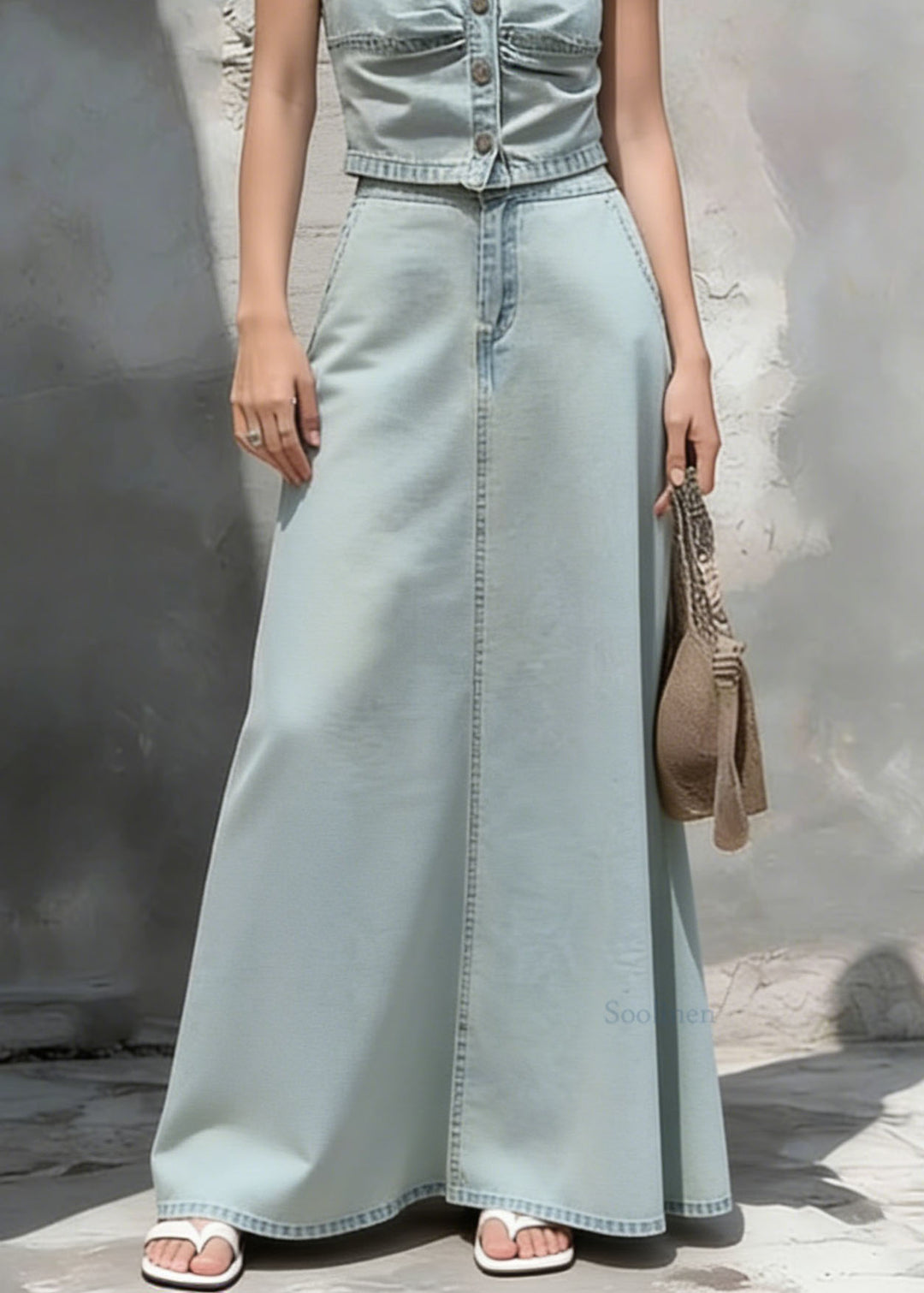 Stylish Light Blue Top And Skirts Denim Two Pieces Set Summer