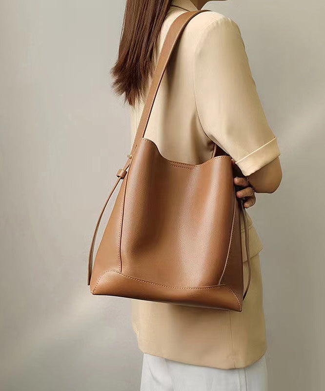 Stylish Light Brown Large Capacity Calf Leather Satchel Bag Handbag