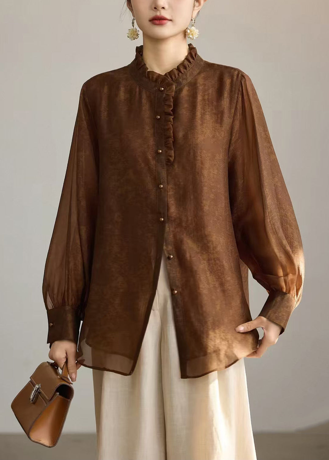 Stylish Light Brown Stand Collar Ruffled Shirts Long sleeve