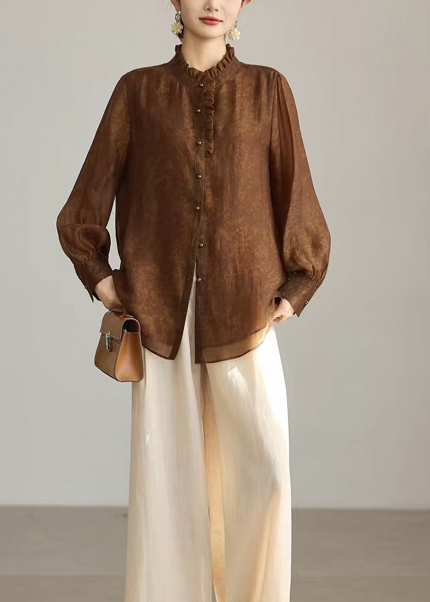 Stylish Light Brown Stand Collar Ruffled Shirts Long sleeve