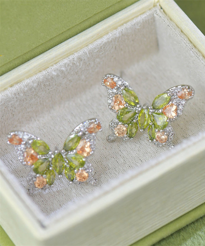 Stylish Light Green Copper Overgild Zircon Butterfly Stud Earrings