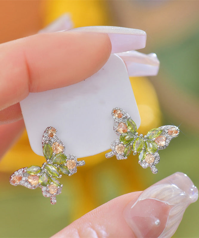 Stylish Light Green Copper Overgild Zircon Butterfly Stud Earrings