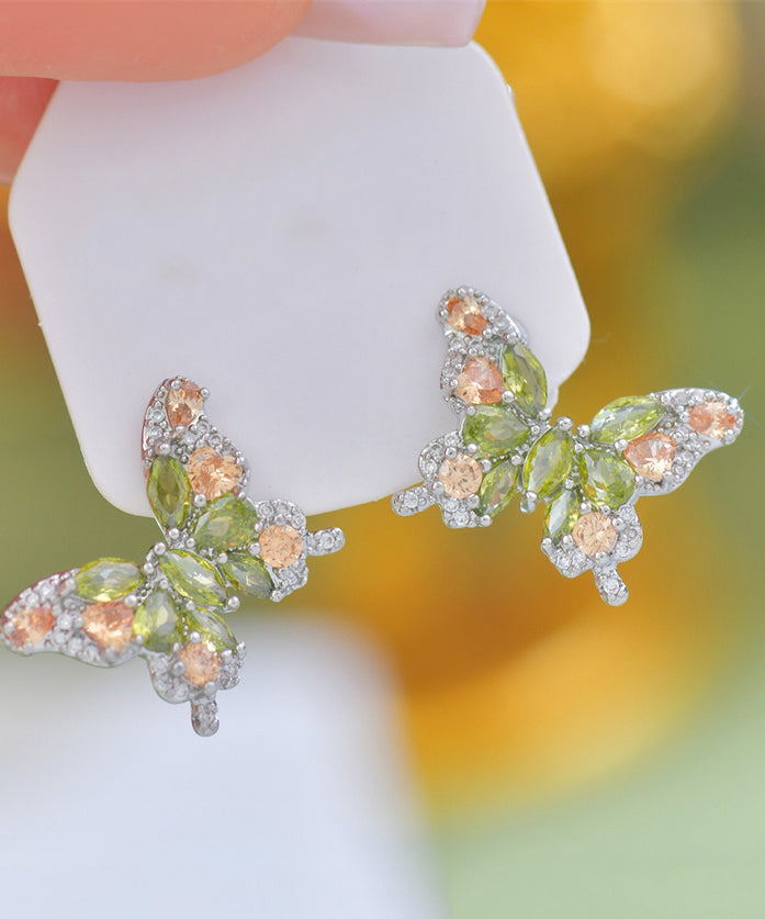 Stylish Light Green Copper Overgild Zircon Butterfly Stud Earrings
