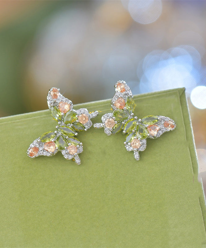 Stylish Light Green Copper Overgild Zircon Butterfly Stud Earrings