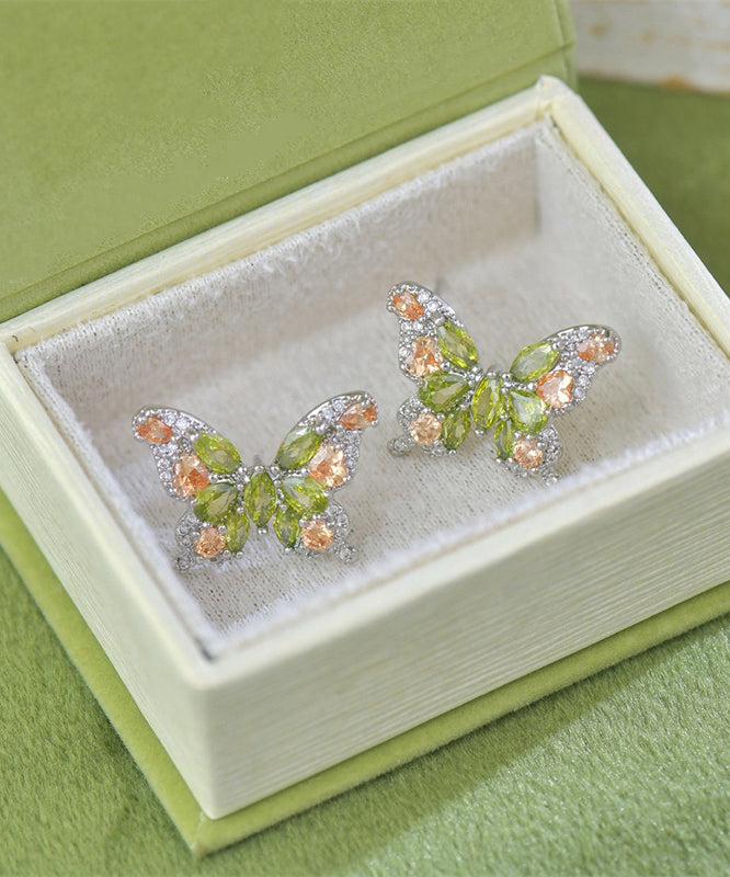 Stylish Light Green Copper Overgild Zircon Butterfly Stud Earrings