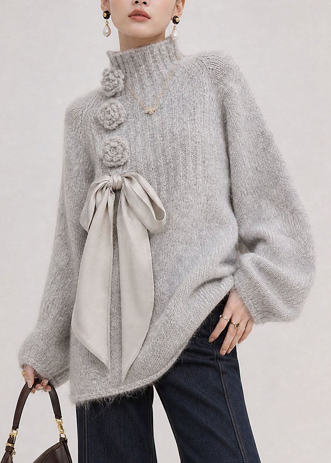 Stylish Light Grey Hign Neck Floral Lace Up Knit Sweaters Fall