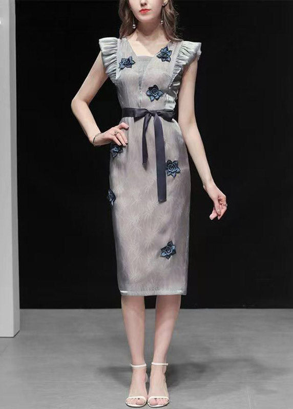 Stylish Light Grey Square Collar Ruffled Floral Long Dresses Summer