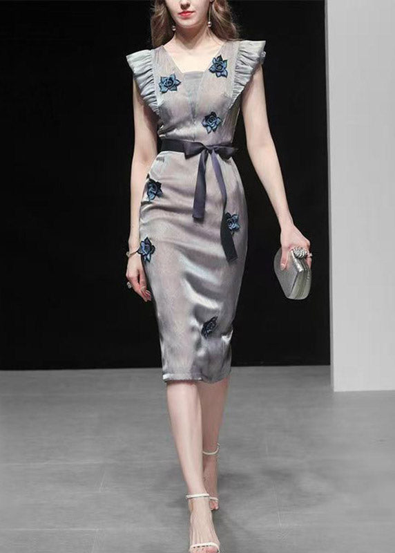 Stylish Light Grey Square Collar Ruffled Floral Long Dresses Summer