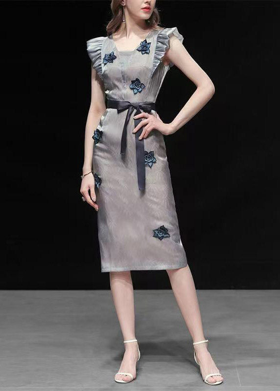 Stylish Light Grey Square Collar Ruffled Floral Long Dresses Summer