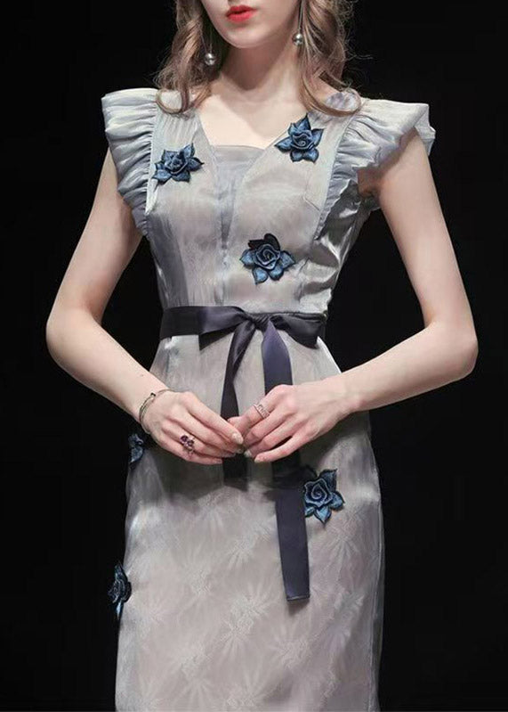 Stylish Light Grey Square Collar Ruffled Floral Long Dresses Summer