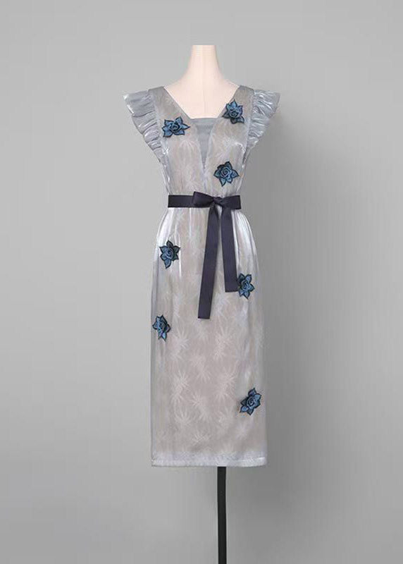 Stylish Light Grey Square Collar Ruffled Floral Long Dresses Summer
