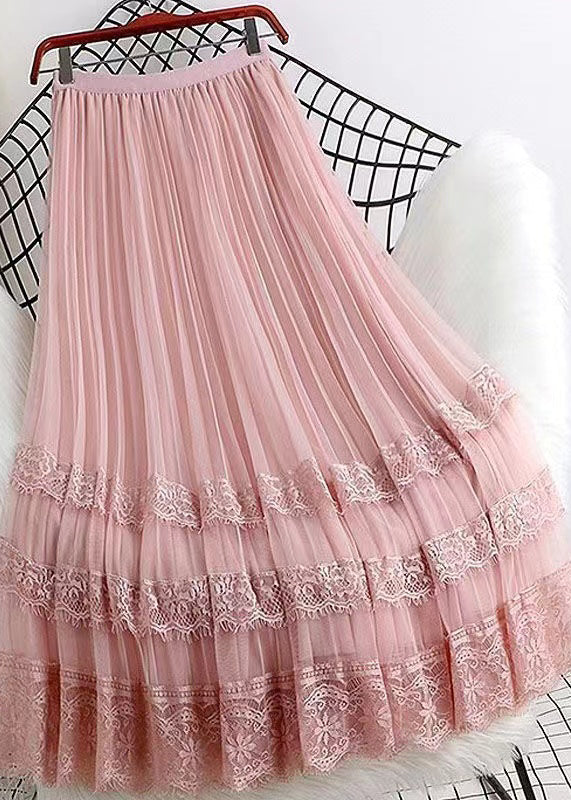 Stylish Loose Pink Lace Patchwork Wrinkled Tulle Skirts Spring
