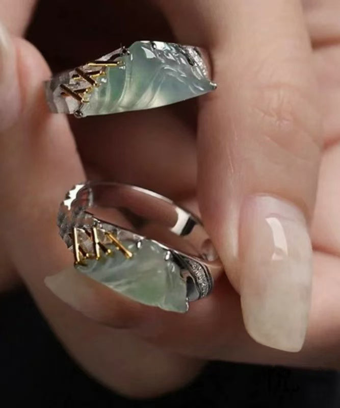 Stylish Mountains And Rivers Jade Silver Couple's Rings - Omychic