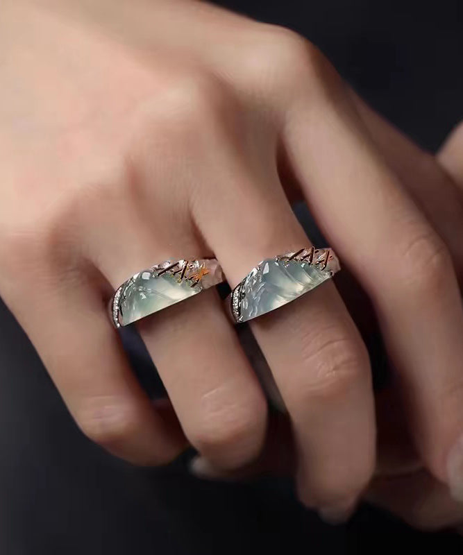 Stylish Mountains And Rivers Jade Silver Couple's Rings - Omychic