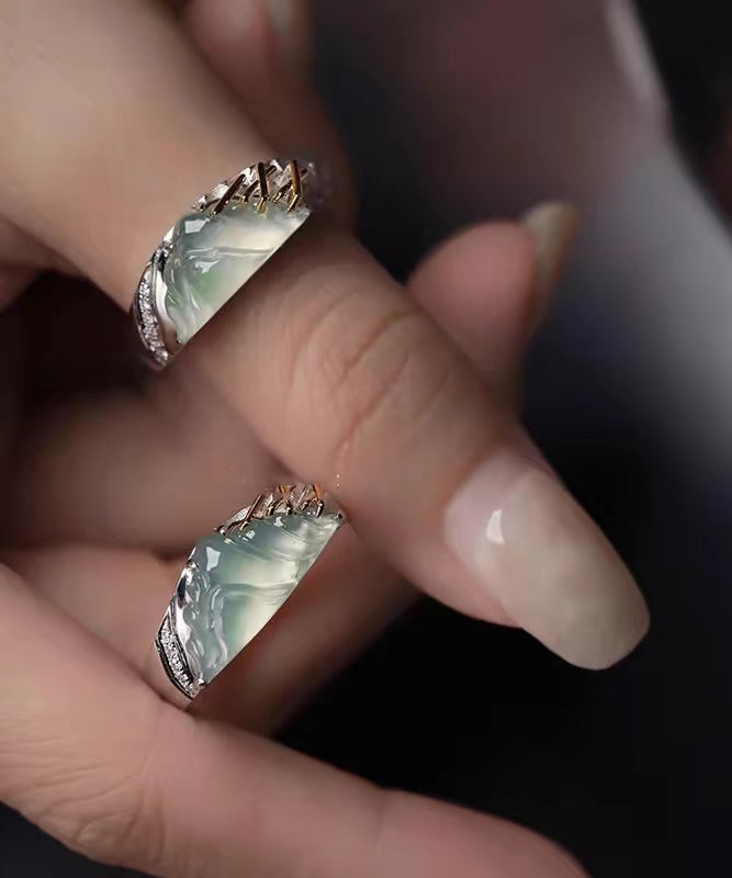 Stylish Mountains And Rivers Jade Silver Couple's Rings - Omychic